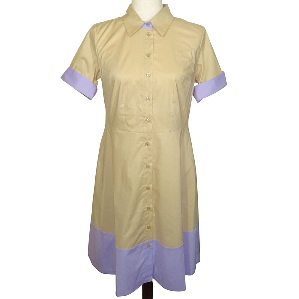Isaac Mizrahi Live Tan Purple Color Block Poplin Button Up Shirt Dress Size 0